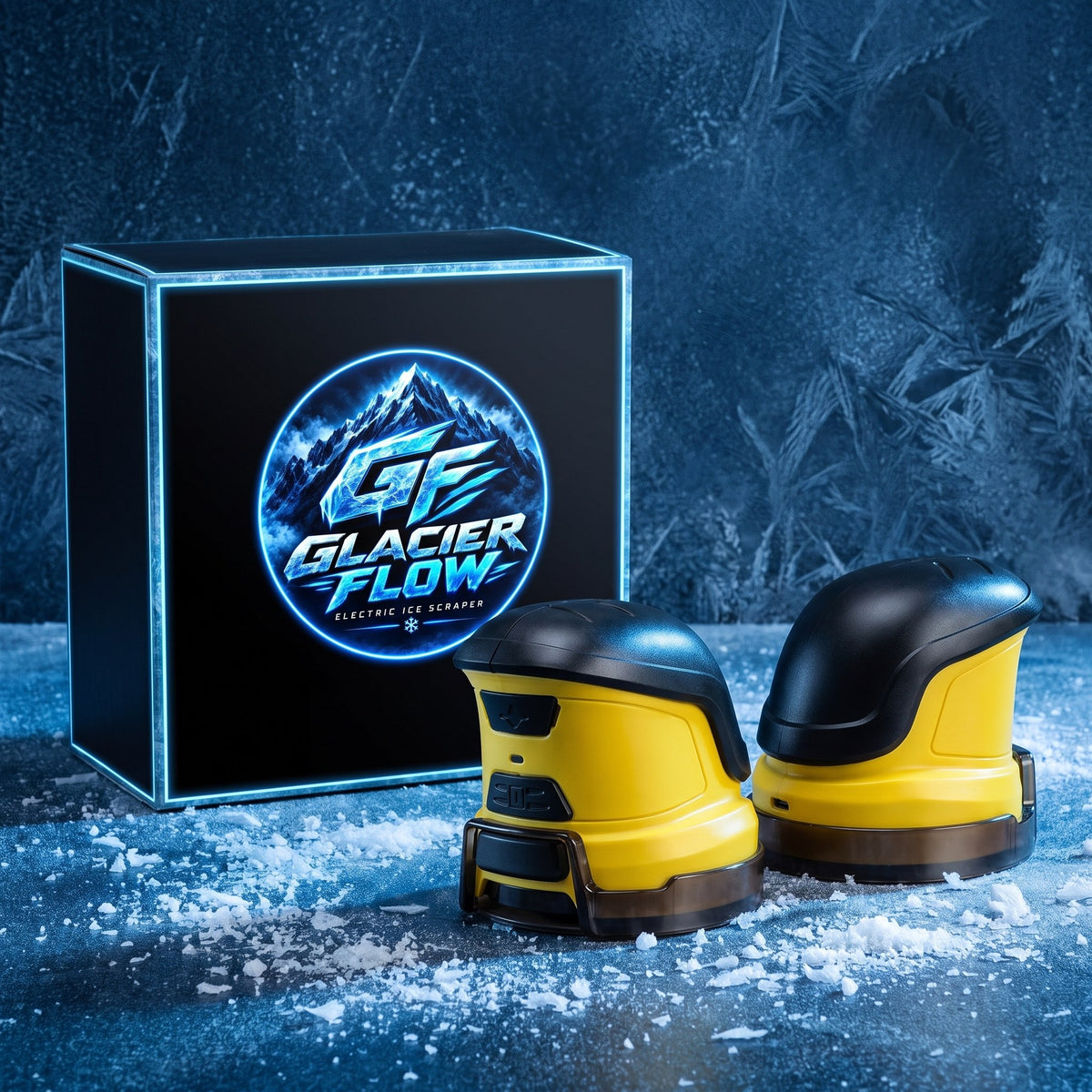 GlacierFlow ice scrapers next to the gift box on frost