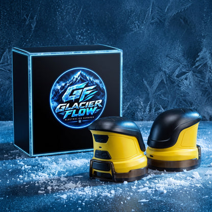 GlacierFlow ice scrapers next to the gift box on frost