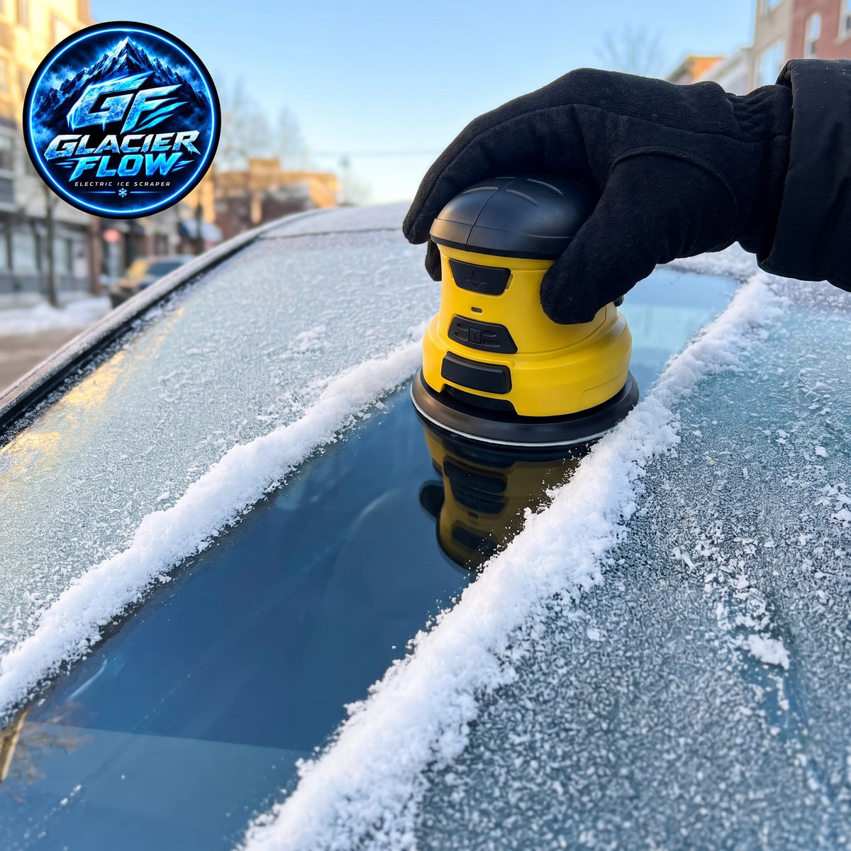 Gloved hand clearing frost from a windshield with GlacierFlow