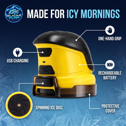 GlacierFlow features: one-hand grip, USB charging, rechargeable battery, spinning ice disc, protective cover