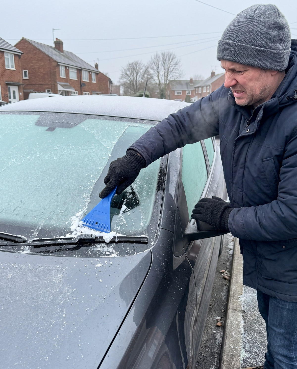Driver scraping a frozen windshield with a plastic ice scraper
