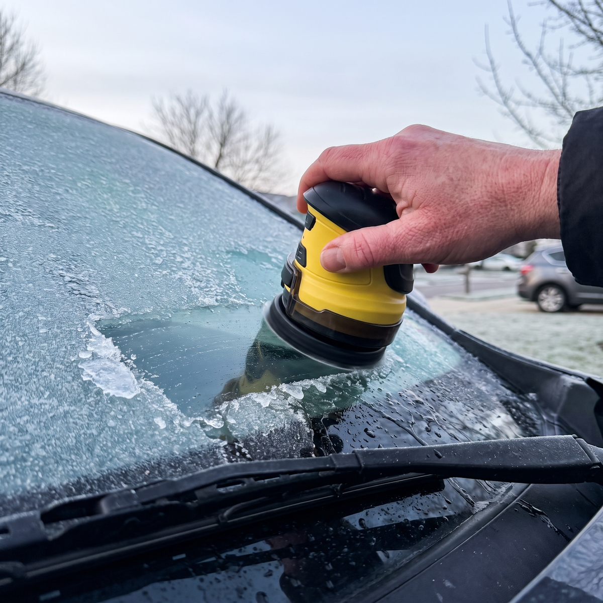 GlacierFlow clearing frost from a car windshield